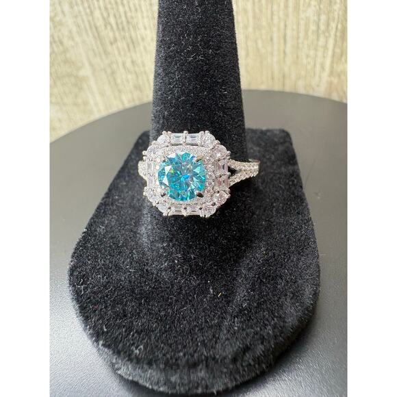 None and/or Unknown Jewelry - Stunning 2ct Aquamarine & White Moissanite Sterling Ring
